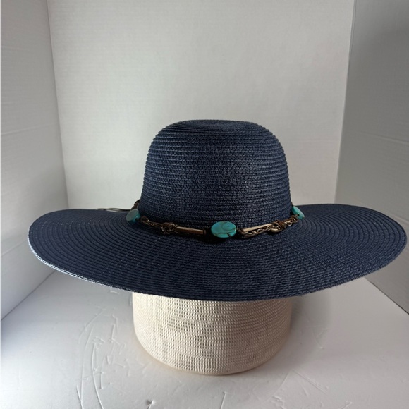 Accessories - Elegant Navy Wide-Brim Hat with Turquoise Accents